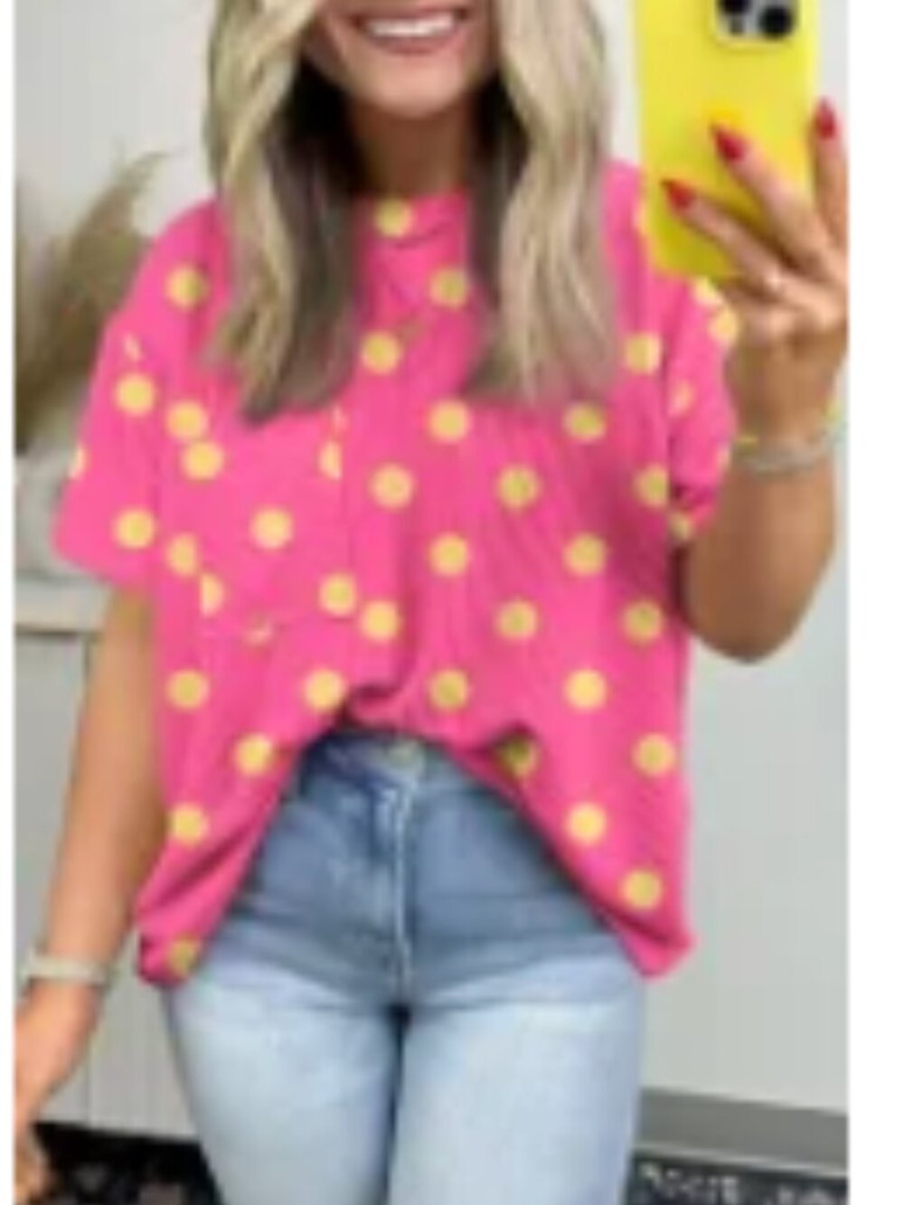 Bright Pink Polka Dot Tee | Yellow Dot Graphic | Fun Casual Top